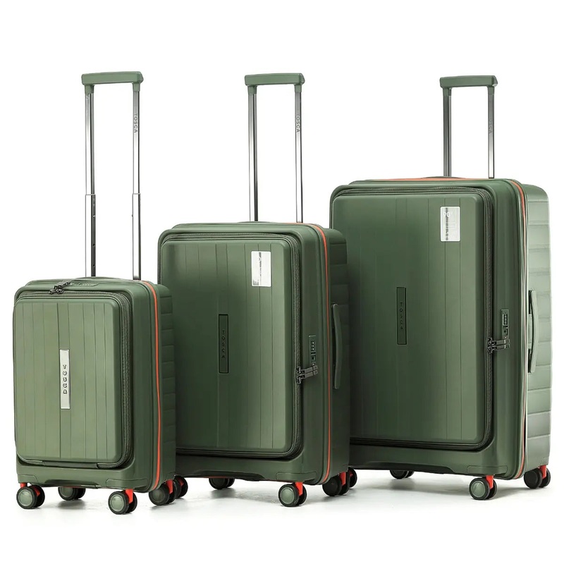 Tosca Cruiser Front Opening 4-Wheel Expandable Suitcase Set of 3 (Small, Medium and Large) - Khaki / Orange