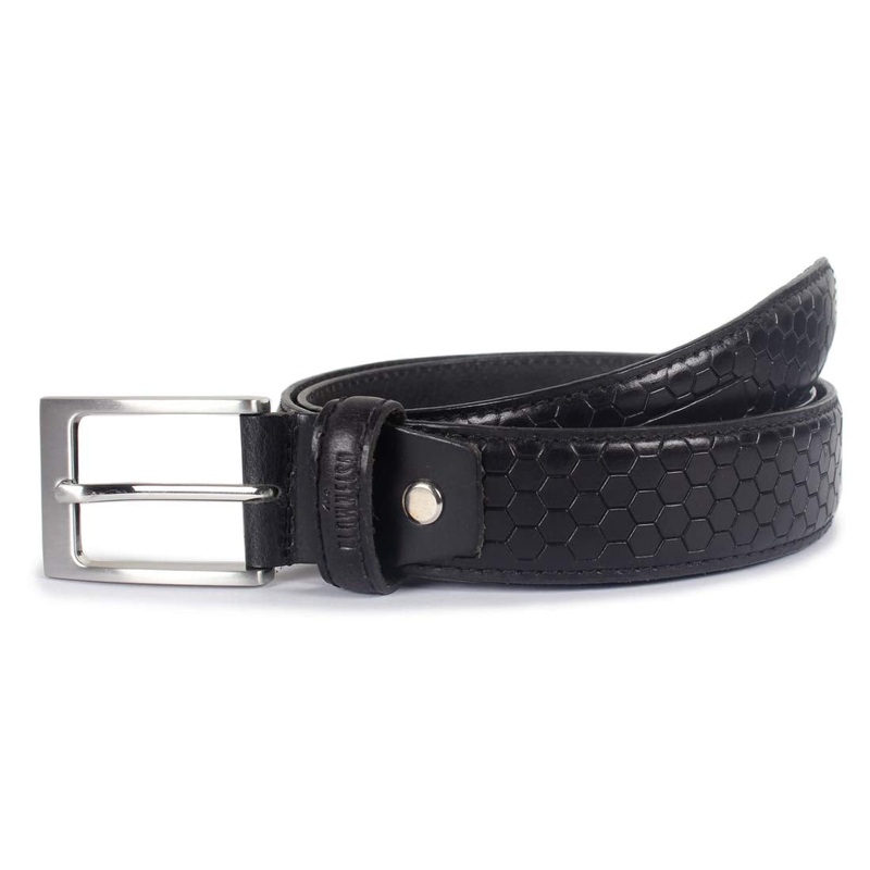 THE CLOWNFISH Mens Genuine Leather Belt with Embossed Design - Jet Black (Size - 32 inches)