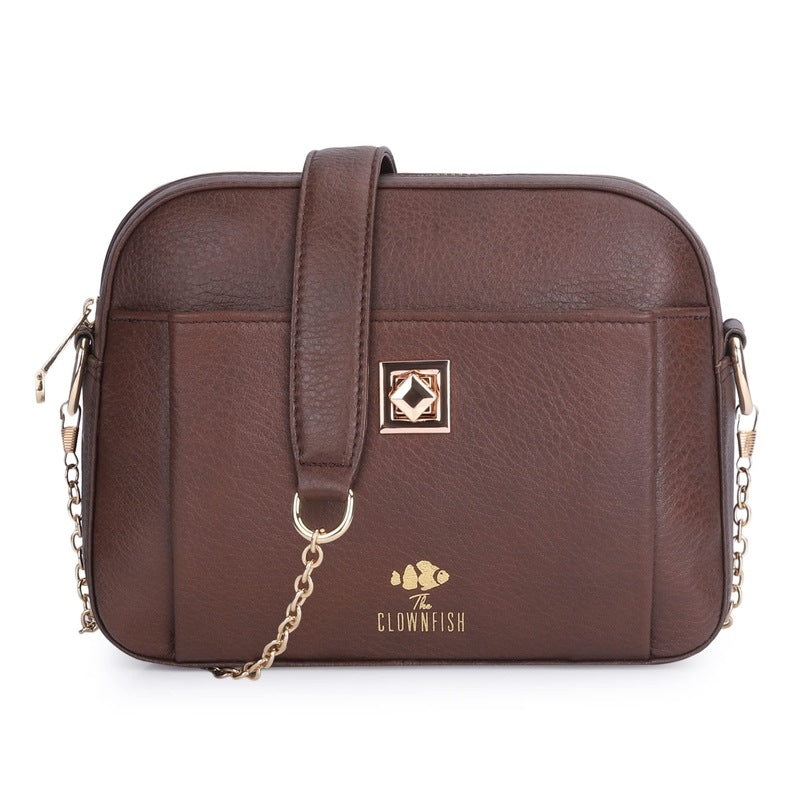Genuine Leather Sling Bag for Women - Zip Closure, Chain Strap | Lightweight | Capacity: 2.5L | Chocolate Brown