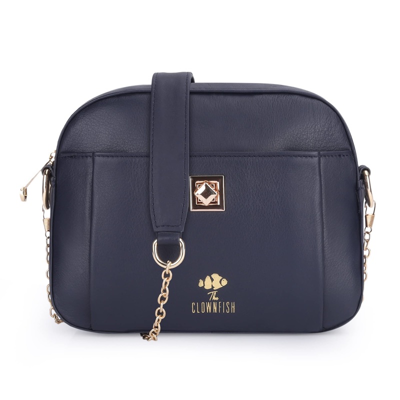 THE CLOWNFISH Amanora Genuine Leather Sling Bag | Elegant Chain Strap | 2.5L | Blue