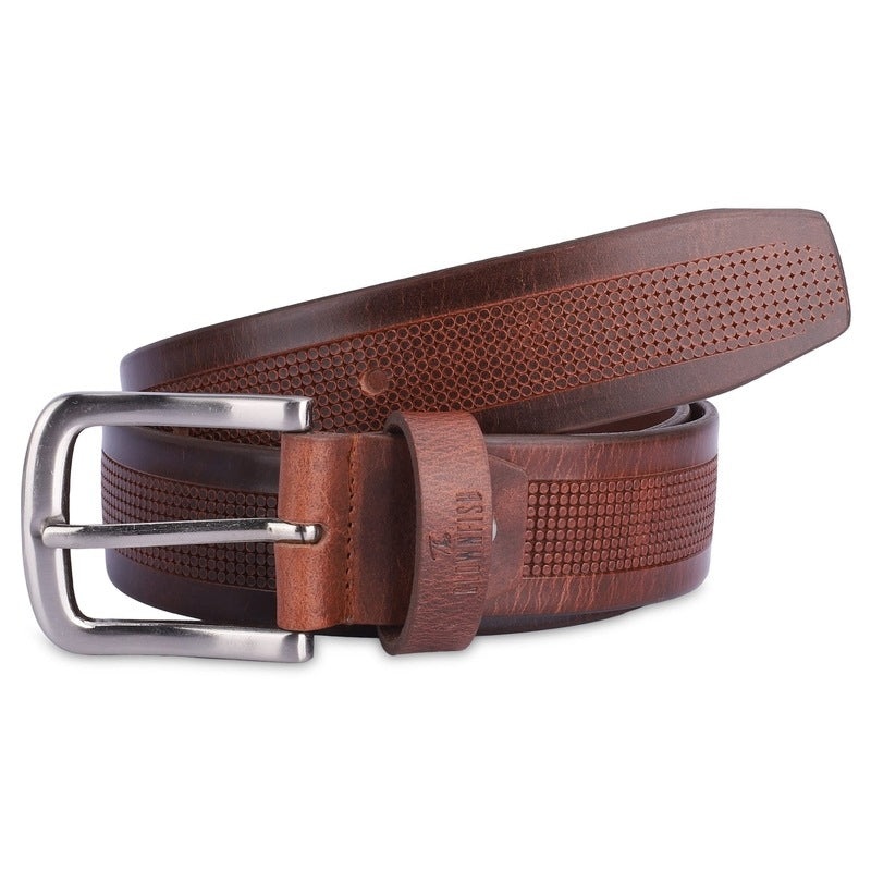THE CLOWNFISH Mens Genuine Leather Belt with Textured Design - Tan (Size - 40 inches)