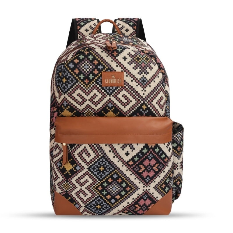THE CLOWNFISH Wanderlust Collection Tapestry Fabric & Vegan Leather 15.6 inch Womens Laptop Backpack with Trolley Strap Travel Backpack for Women Office College Going Girls (Black Multicolor)