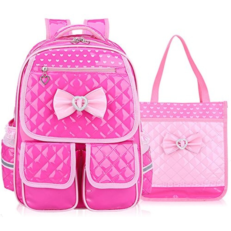 Gazigo Reflective Girls Cute School Backpack PU Leather Kids Bookbag Satchel (Rose Set)