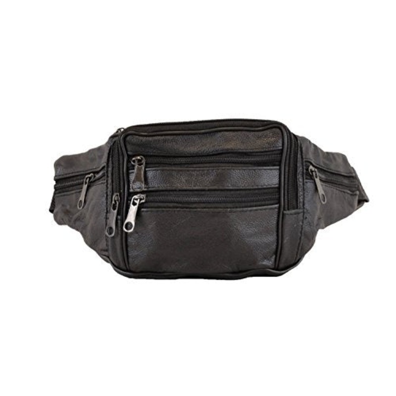 iLeather Cowhide Leather Medium Size 7 Pockets Fanny Pack, Waist Pack-Black