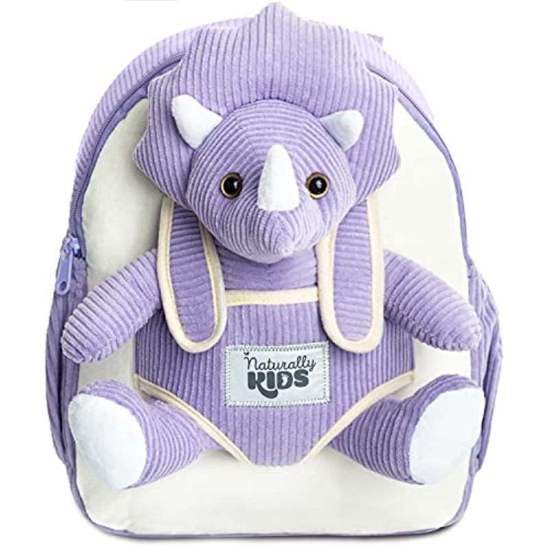 Naturally KIDS Medium Dinosaur Backpack - Dinosaur Toys for Kids 5-7 - Kids Backpack for Girls w Stuffed Animal - Gifts for 6 Year Old Boy - w Pockets & Reflective Logo - Backpack w Purple Triceratops