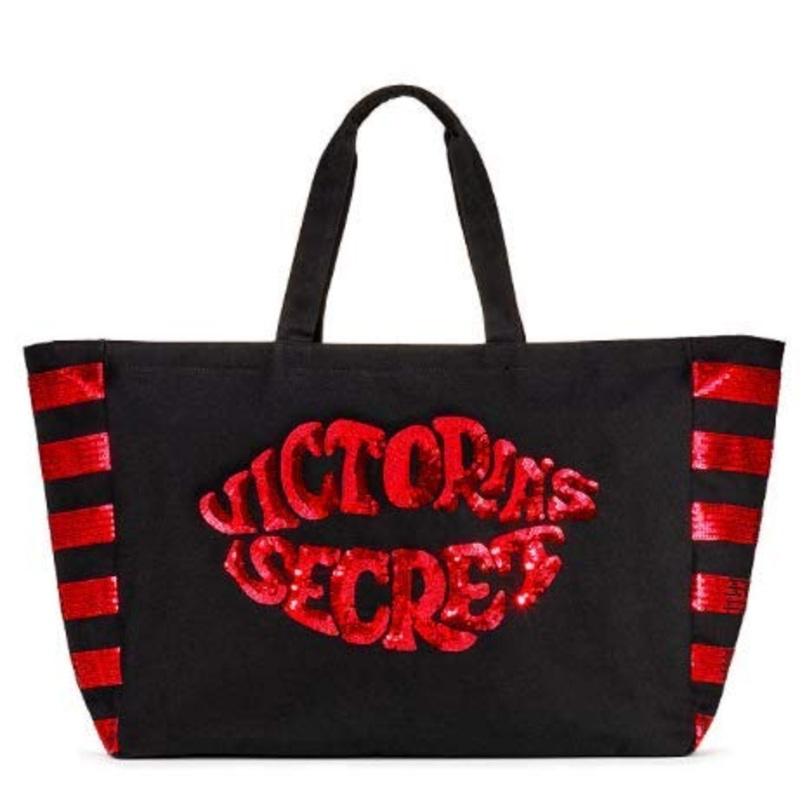 Victoria's Secret Tote Bag Weekender Black Red Lips Sequins Kiss Large