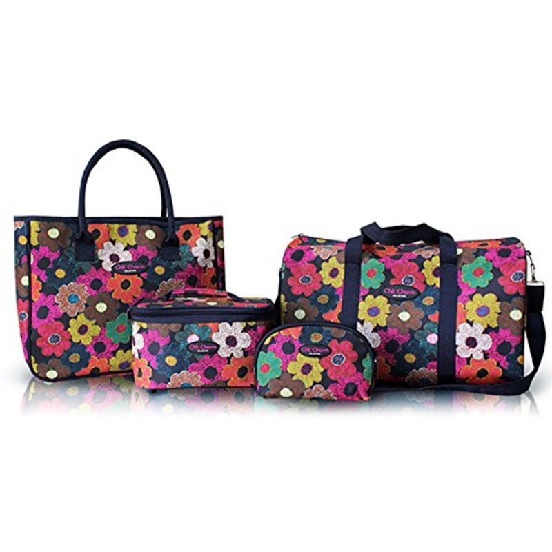 4Pc Duffel Travel Bag Clutch Toiletry Cosmetic Purse Tote Set Multi Color Flowers