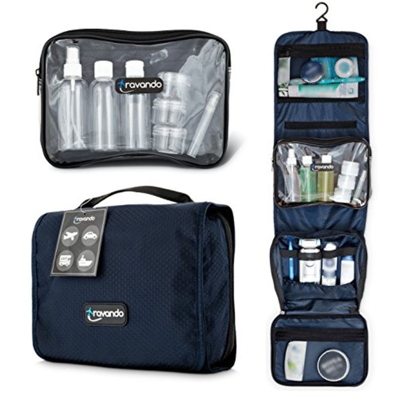 TRAVANDO Hanging Toiletry Bag"FLEXI" + 7 TSA Approved Liquid Bottles - Travel Set for Men and Women - Toilet Kit for Cosmetics, Makeup - Organiser for Suitcase - Wash Bag with Containers