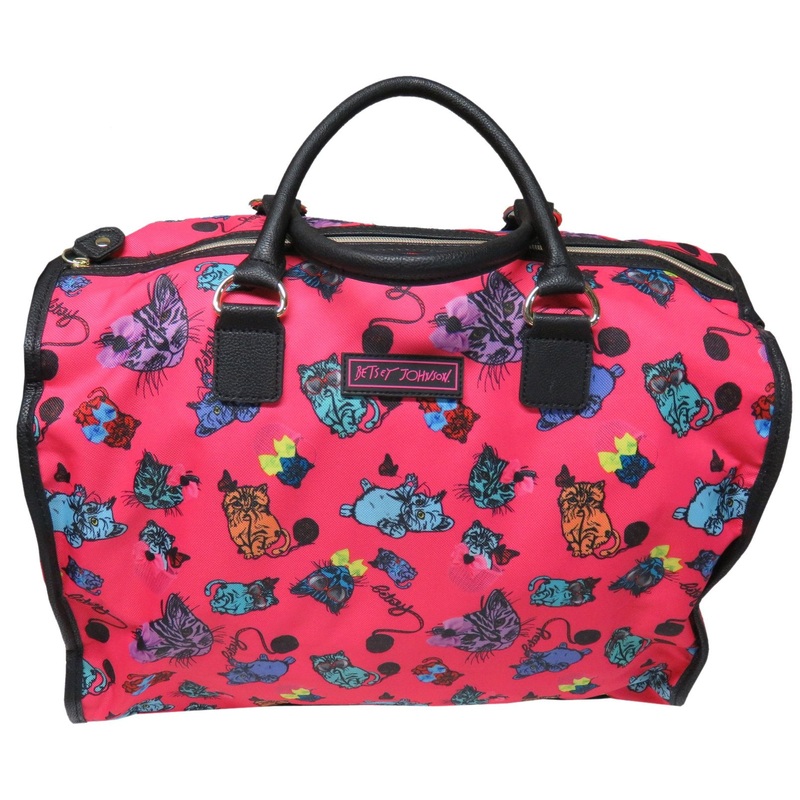 Betsey Johnson Large Nylon Weekender Duffel Bag, Fushia/Cats