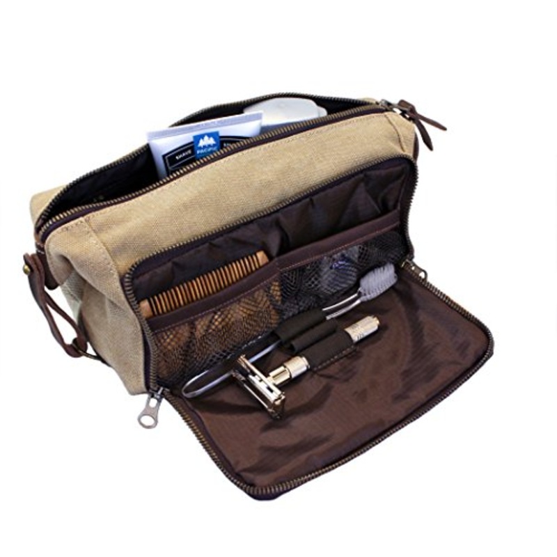 Dopp Kit Mens Toiletry Travel Bag Ykk Zipper Canvas & Leather (Medium, Khaki - 3 Days Shipping)