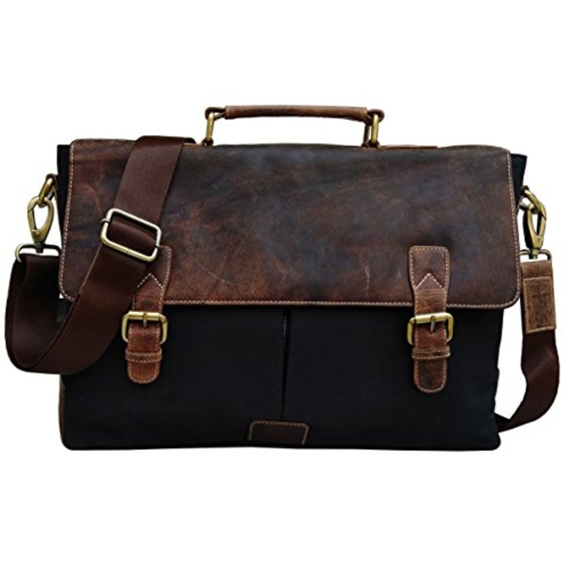 Genuine Leather Vintage 15.6" Laptop Canvas Messenger Satchel Bag