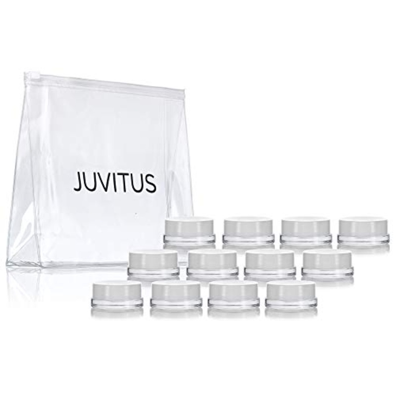 Clear Glass 7 ml Thick Wall Airtight Small Balm Sample Wax Concentrate Jars with White Foam Lined Smooth Lids (12 Pack) + Travel Bag