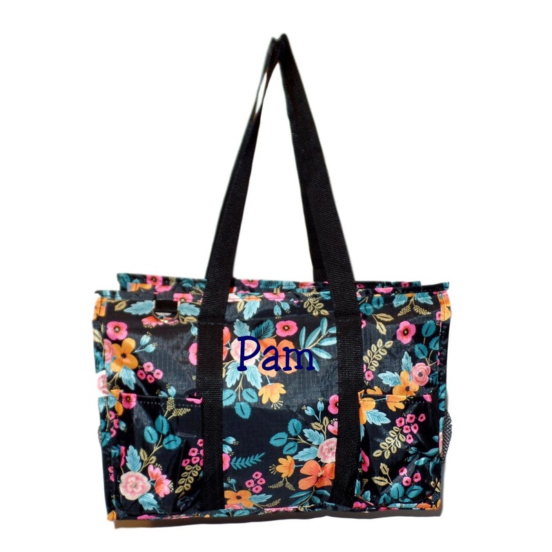 Fashion Print Zip Top Organizing Beach Bag Tote Diaper Bag Weekender - Can Be Personalized (Personalized Black Floral)
