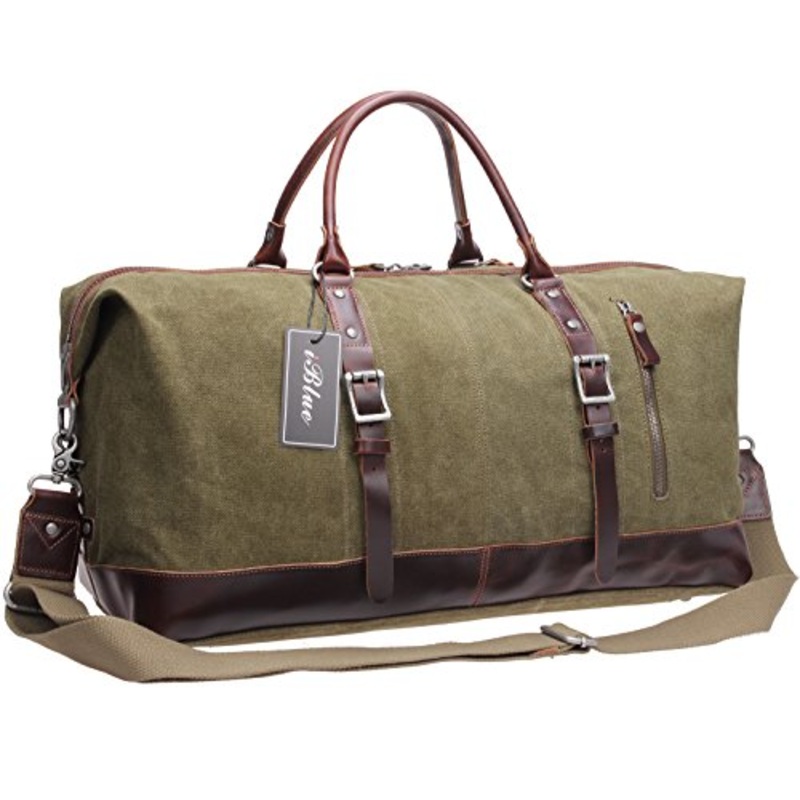 Iblue Genuine Leather Trim Travel Tote Duffel Garment Gym Shoulder Handbag Canvas Overnight