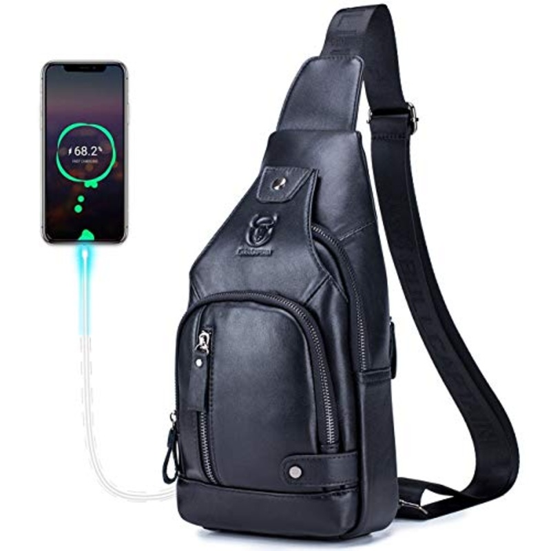BULLCAPTAIN Men Sling Crossbody Bag with USB Charging Port Genuine Leather Shoulder Chest Bag Travel Hiking Backpack (Black)