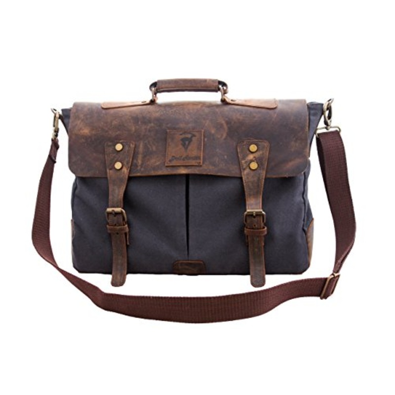 Devil Hunter Genuine Leather Vintage 16" Laptop Canvas Messenger Satchel Briefcase Bag Grey