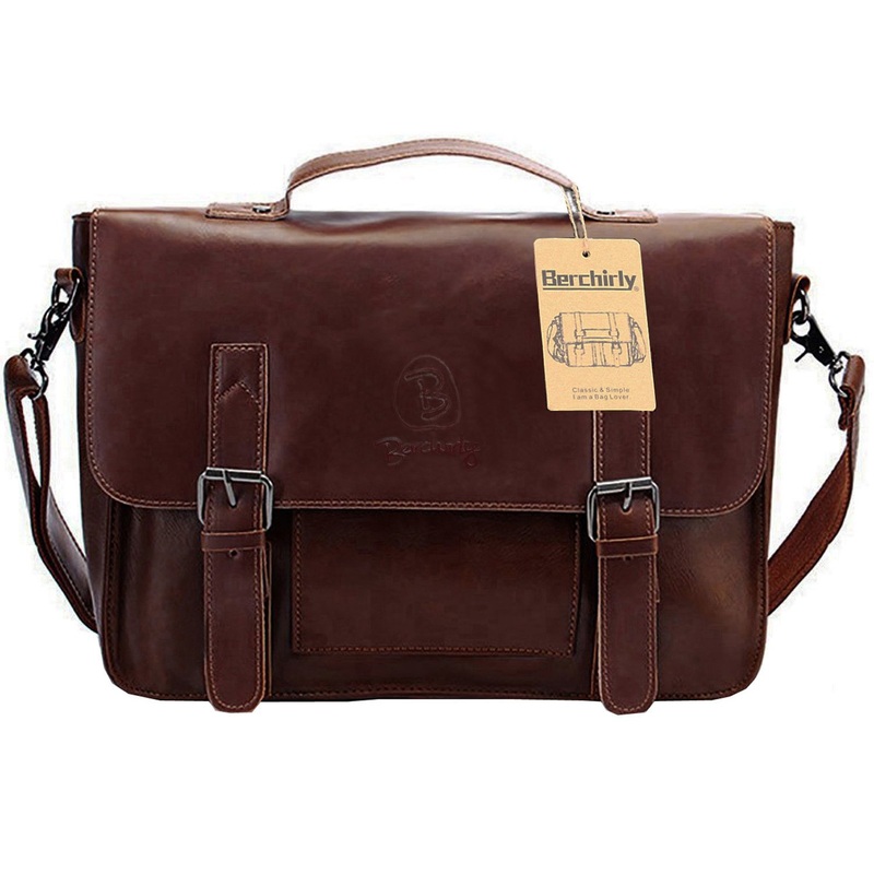 Men Briefcase Tote, Berchirly Vintage PU Leather Laptop Shoulder Messenger Bag for 14inch laptop