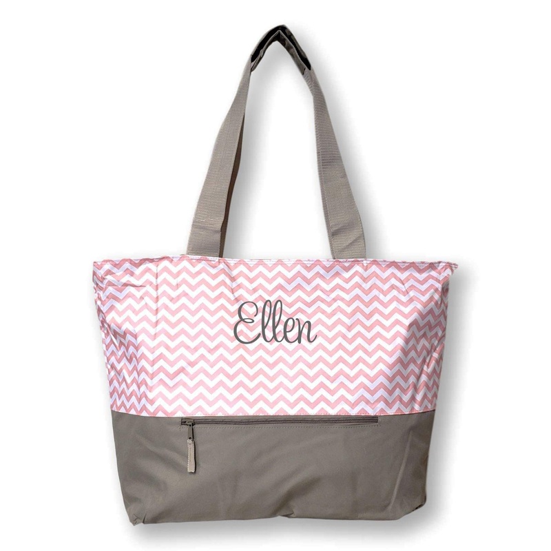 XL Beach Tote Chevron Print Weekender Bag with Mesh Webbed Handles and Outer Zippered PocketCan Be Personalized (Personalized, Pastel Pink)