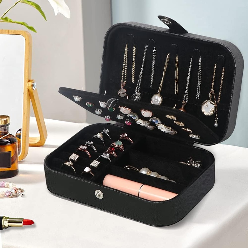 2 Layer Travel Jewelry Organizer Box, PU Leather Portable Jewelry Display Holder - Black