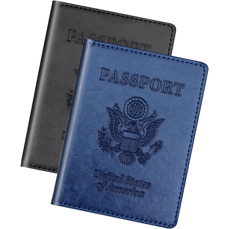 2-Pack PU Leather Passport Wallet for Family Travel, Unisex, Black & Dark Blue