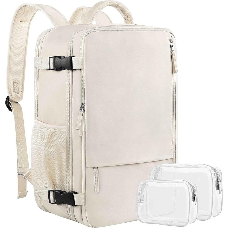 Expandable Carry on Travel Backpack for Women, 17 Inch Waterproof Laptop Backpack, Beige