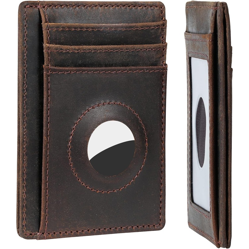 Genuine Leather Slim Wallet with Airtag compartment, Compatible with AirTag