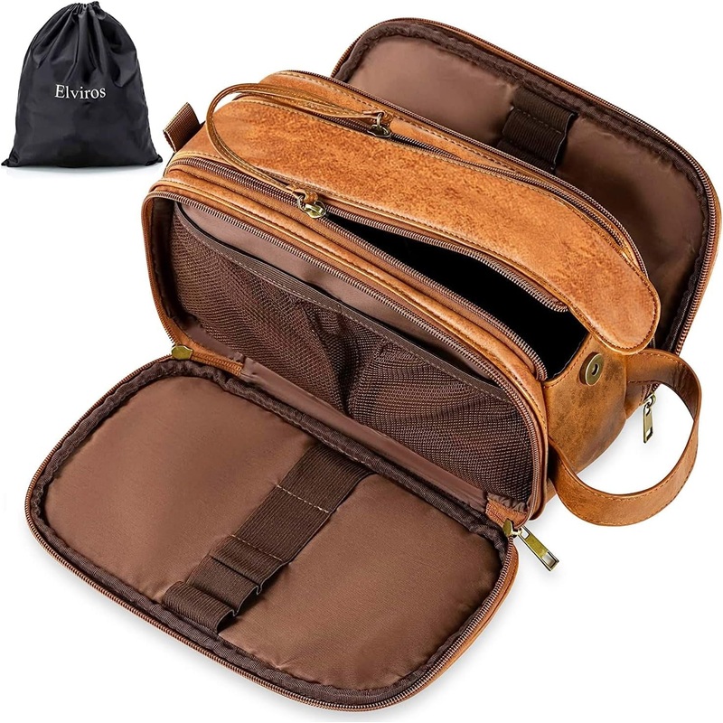 Travel PU Leather Toiletry Bag for Men Waterproof Shaving Organizer