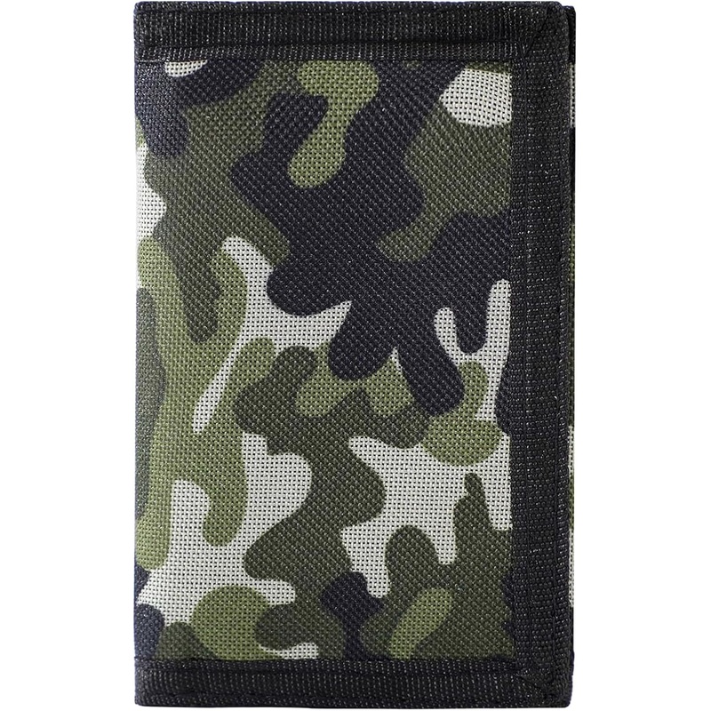 Trifold Canvas Kids Wallet with Coin Pocket and Magic Sticker, Green camo