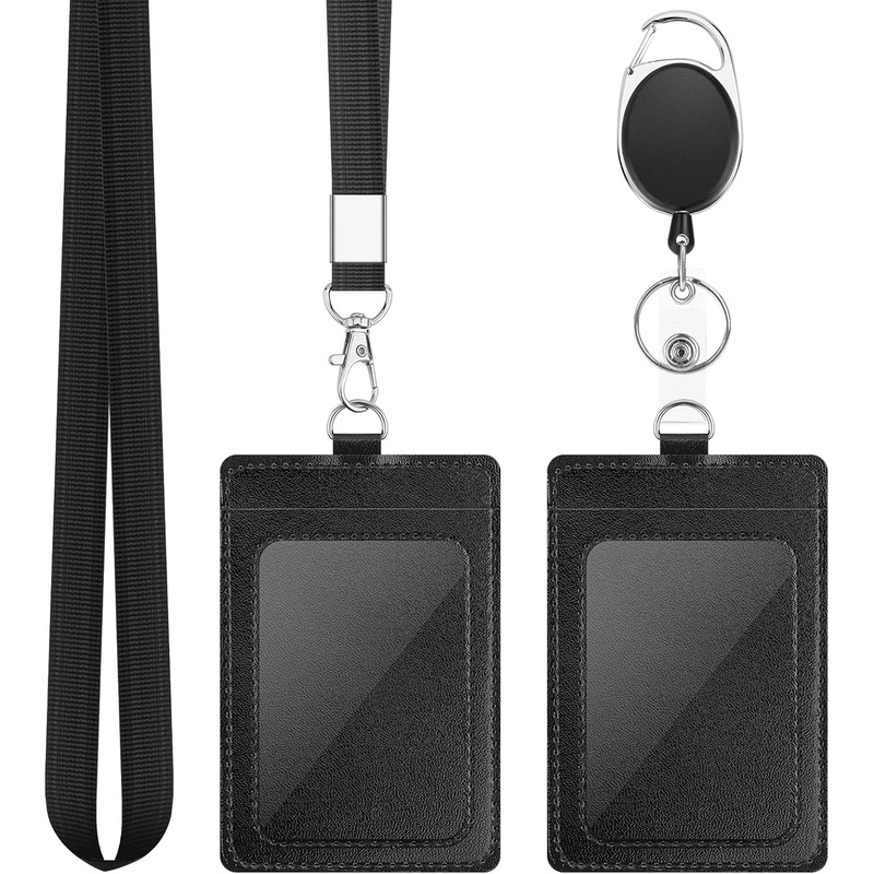 2 Pack PU Leather ID Badge Card Holder with Lanyard & Badge Reel