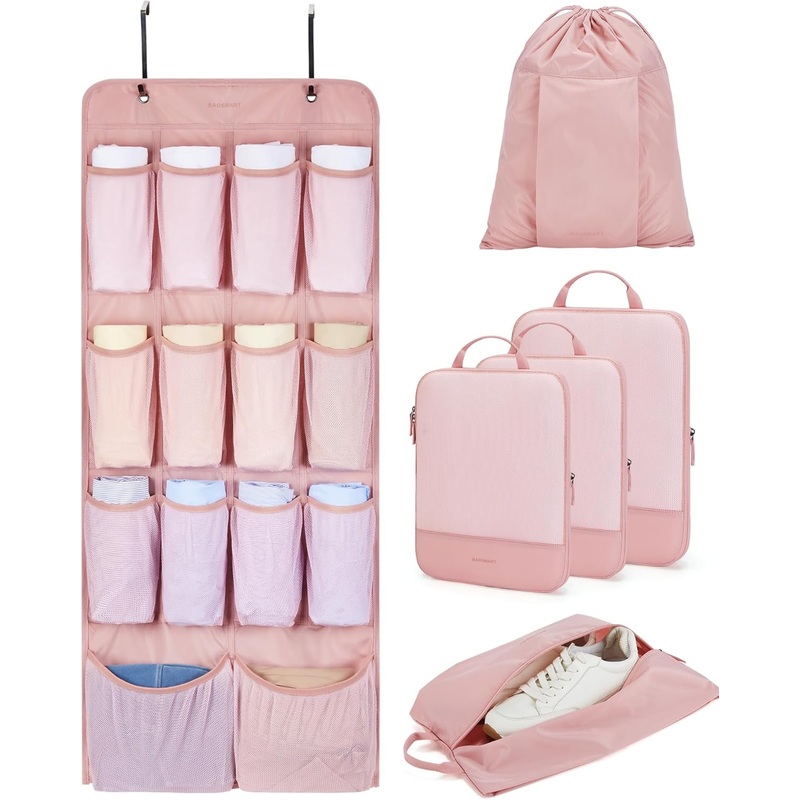 6-Piece Hanging Compression Packing Cubes, Suitcase Organizer Bags Set, Baby Pink