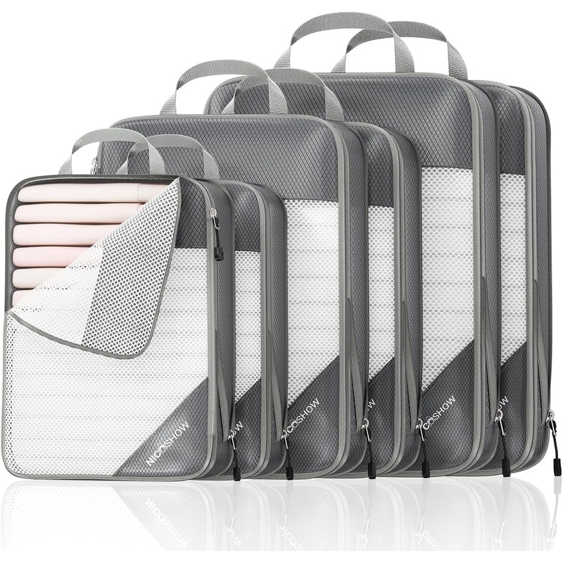 6-Piece Travel Compression Packing Cubes Set for Suitcases & Backpacks, Grey
