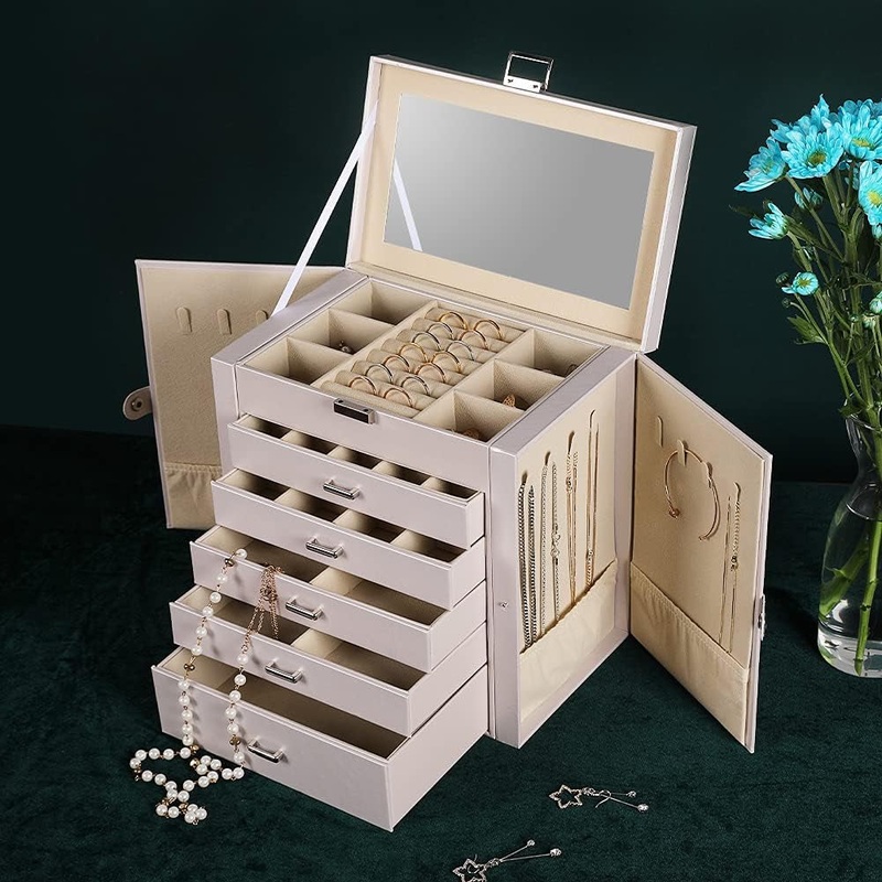 6-Tier PU Leather Jewelry Box with  Mirror & 5 Drawers, Pearl White
