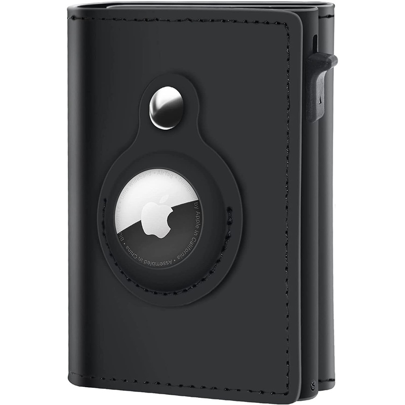 AirTag Wallet for Men, Genuine Leather Pop Up Card Holder, Black (No Airtag Included)