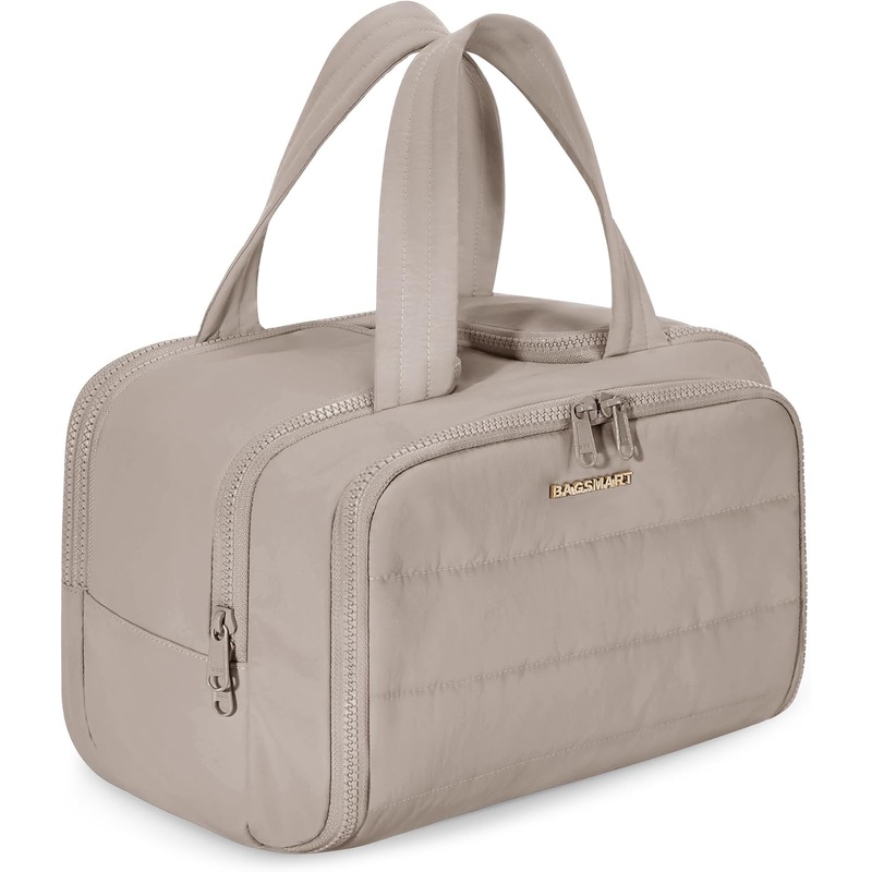 BAGSMART Travel Toiletry Bag, Lightweight Large Wide-Open Travel Bag for Women, Puffy Cosmetic Makeup Bag Organizer with Handle for Accessories,Essentials, Toiletries, Grayish Brown