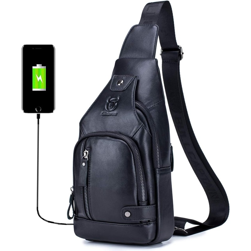 BULLCAPTAIN Genuine Leather Sling Bag with USB Charging Port Multi-Pocket Chest Bag for Men Hiking Travel Daypack XB-129