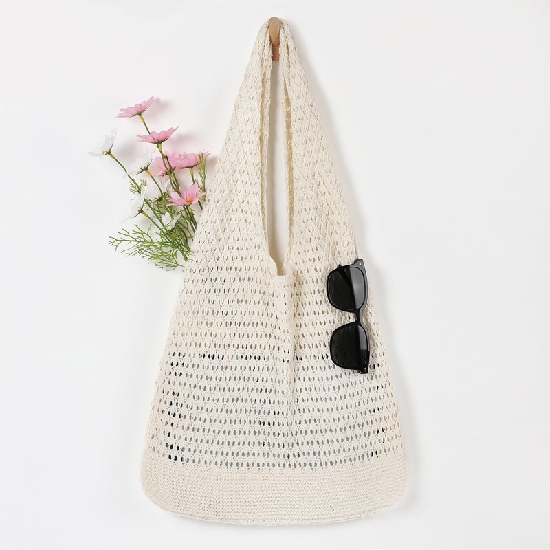 Crochet Beach Mesh Tote Bags, Shoulder Shopping Travel Bag, Foldable Casual Hobo Bags