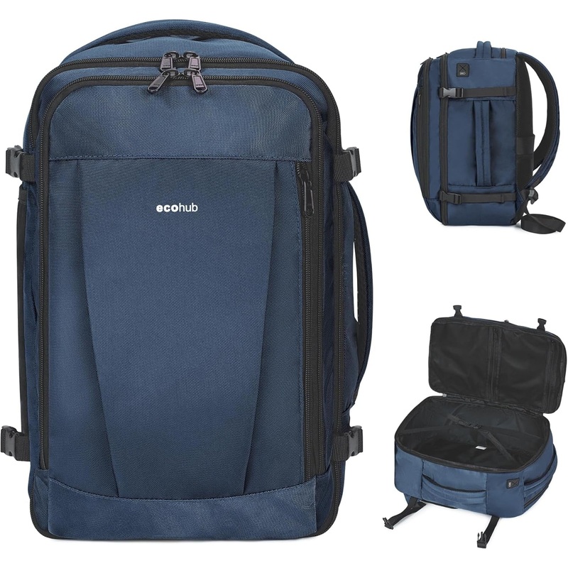 ECOHUB Travel Backpack 18X14X8 Spirit Airlines Personal Item Bag Carry on Backpack 13 Pockets Large Work Casual Daypack for Men Airline Approved Waterproof Gym Backpack with Charging Port, Blue