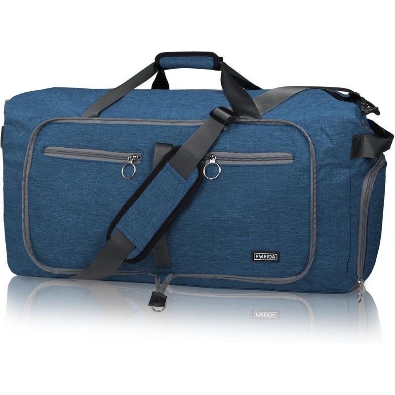 Fmeida 65L Duffle Bag with Shoes Compartment, Foldable Travel Duffel Bags for Men Women, Large Packable Travel Bag Water Repellent & Tear Resistant (Blue)