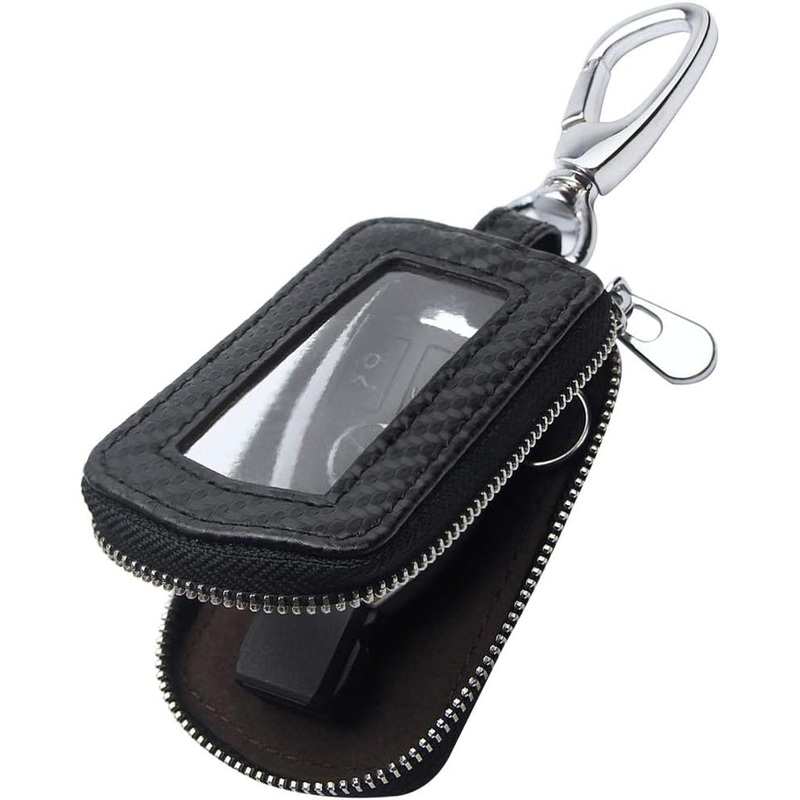 Genuine Leather Car Key Fob Case with Snap Hook & Clear Window, Universal
