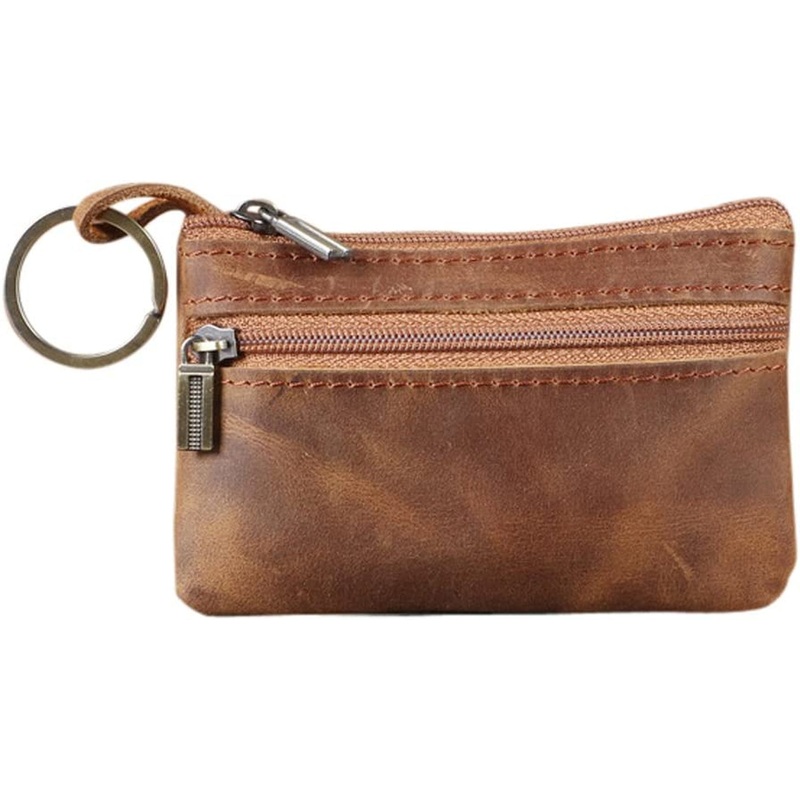 Genuine Leather Coin Wallet for Men, Dual-Zip Key Money Pouch, Brown