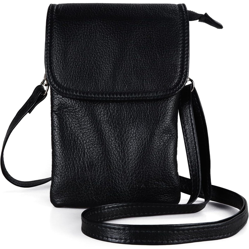 Genuine Leather Crossbody Phone Bag for Women with Zip & Adjustable Strap, Black