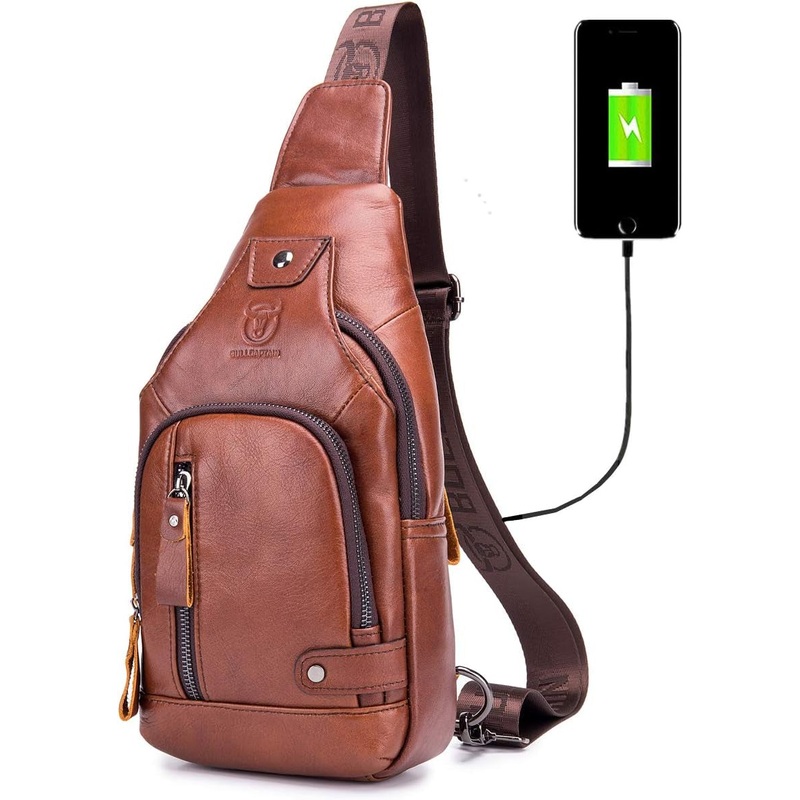 Genuine Leather Sling Bag for Men with USB Charging Port Chest Bag for Travel