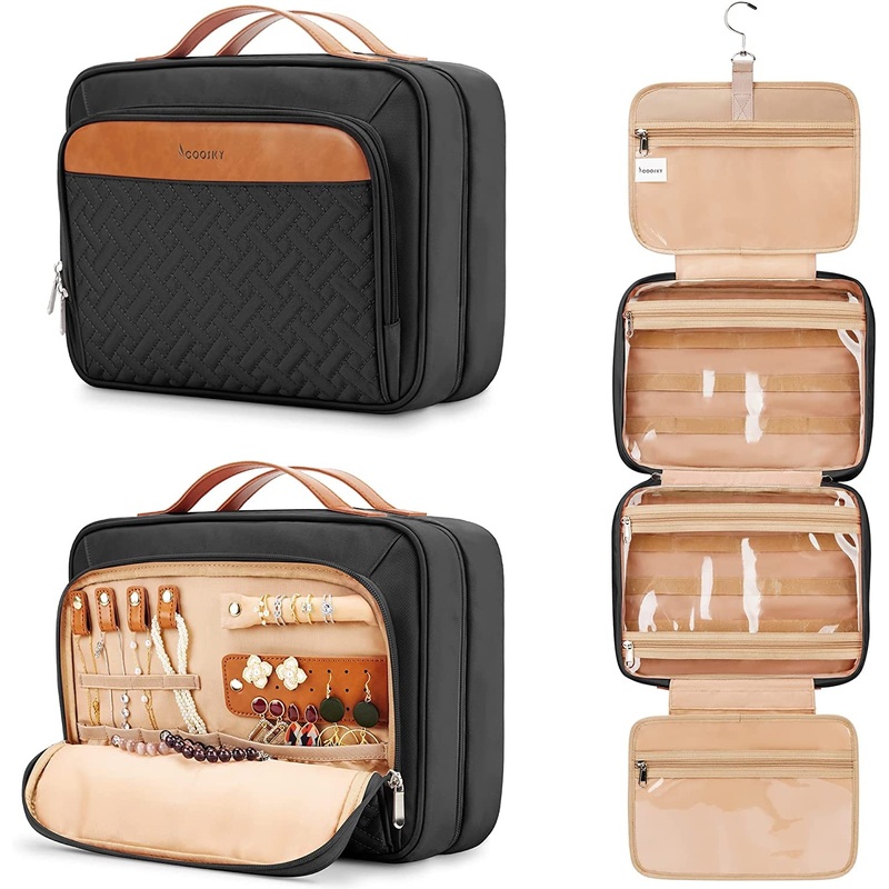 Hanging Makeup Toiletry Bag for Travel with Jewelry Compartment & Trolley Belt, Holds Full-Size Shampoo