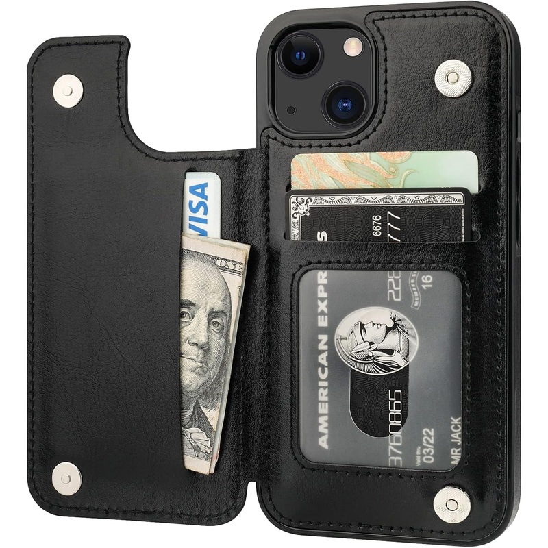 iPhone 13 Wallet Case with Card Slots & Kickstand, PU Leather Double Magnetic Clasp Case, Black