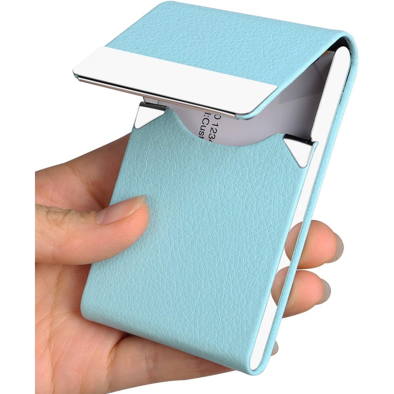 Junelsy Professional Business Card Holder Case PU Leather Metal Name Card Holder Pocket Business Card Carrier for Men & Women with Magnetic Shut (Light Blue-Y)