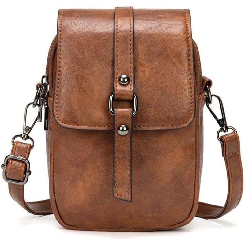 Myfriday Vintage Crossbody Phone Bag for Women, Small PU Leather Shoulder Purse and Handbag with Tassel&Rivet Decoration