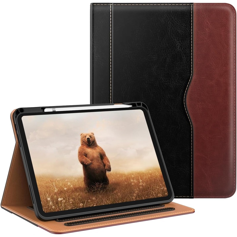 OKP Case for Ipad A16 11Th Generation 2025 / 10Th Gen Case 2022, for 11 Inch / 10.9 Inch Ipad Multi-Angle Viewing PU Leather Stand Cover with Pencil Holder & Pocket, Auto Sleep/Wake, Black Brown