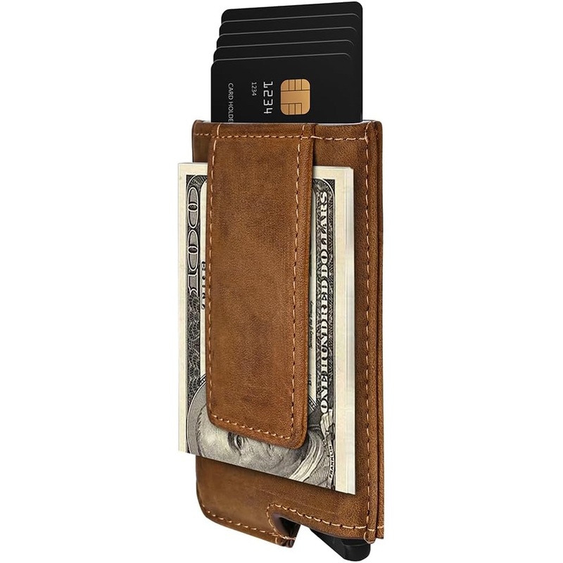 Pop-up Wallet for Men Genuine Leather Magnetic Money Clip