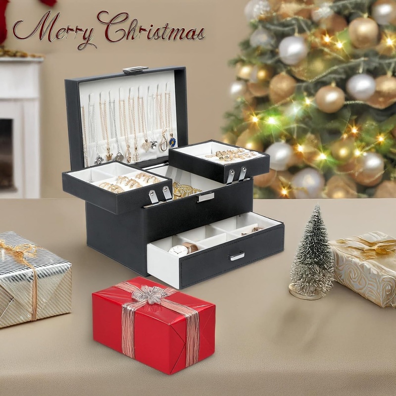 PU leather 3 Layers Jewelry Boxes, Black