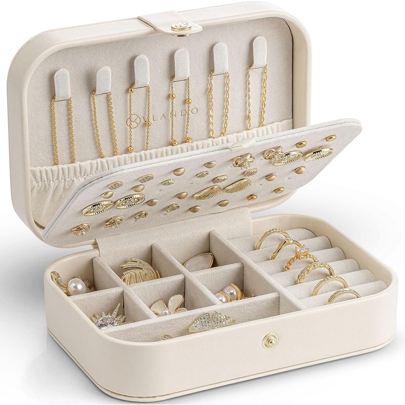 PU Leather Jewelry Case, Portable Jewelry Organizer - Beige